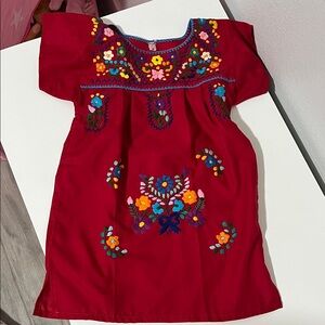 Floral Embroidered Kids Dress - Red